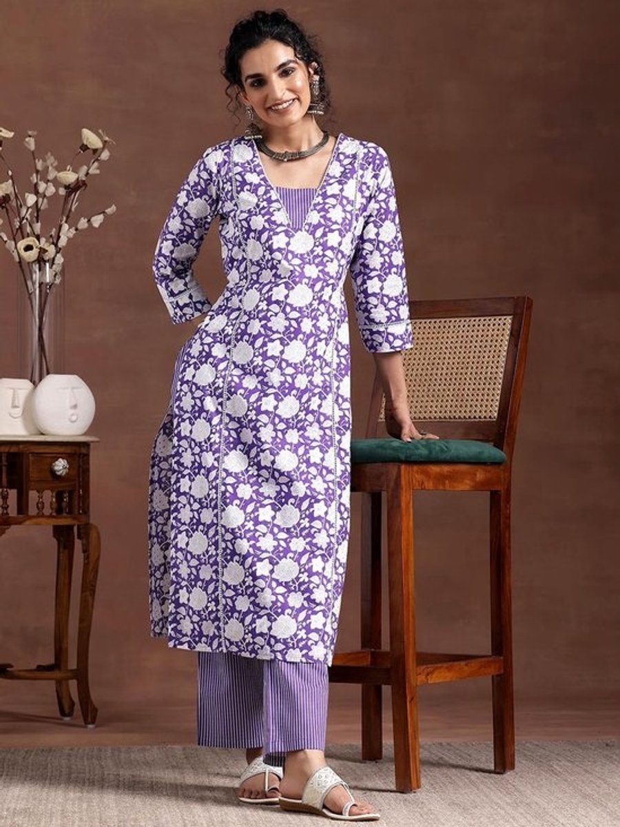 Bedrukte Kurta Set - Dames Kleding - Casual Draag - Bloemen en Streep - Paars