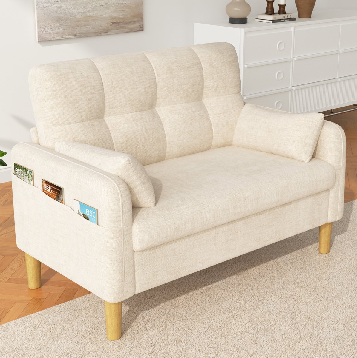 MODENUIT Zitbank - 2-Zits - Met 2 Kussens & Opbergtas - Voor Woonkamer En Slaapkamer - Chenille - Beige