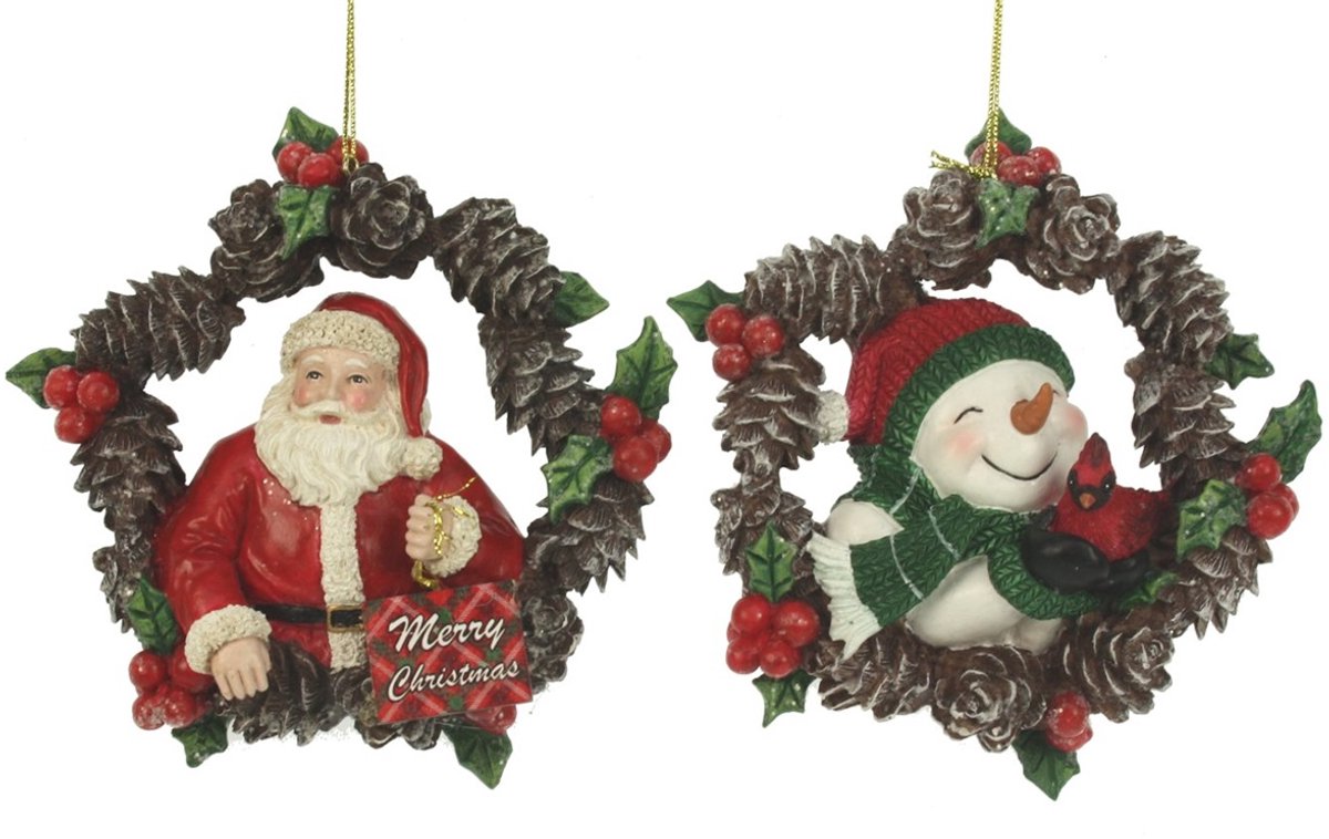 Ornament Kerstman/Sneeuwpop in krans, 2ass. 10x2x11cm