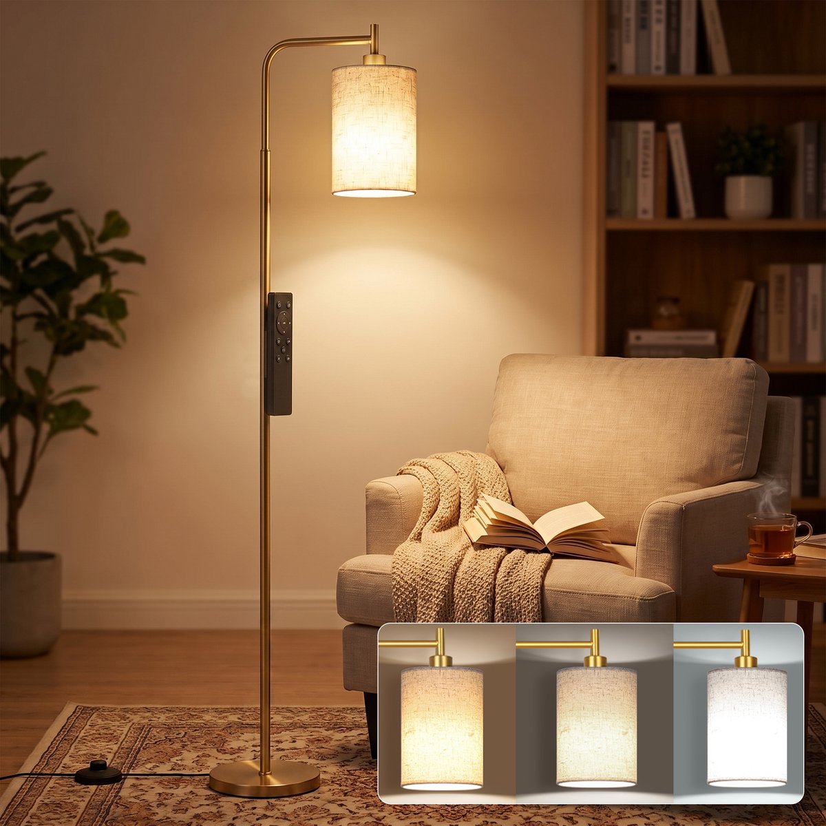 Rosnek Dimbare Vloerlamp Goud - Staande Lamp met Afstandsbediening en Timer - Leeslamp en Sfeerlamp met Linnen Lampenkap - Woonkamerlamp voor Slaapkamer, Kantoor en Leeshoek - Modern