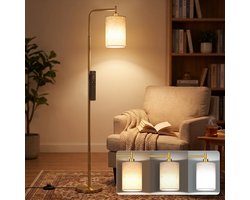 Rosnek Dimbare Vloerlamp Goud - Staande Lamp met Afstandsbediening en Timer - Leeslamp en Sfeerlamp met Linnen Lampenkap - Woonkamerlamp voor Slaapkamer, Kantoor en Leeshoek - Modern