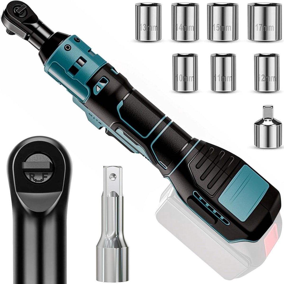 Accu ratelsleutel 3/8 inch - 60 Nm koppel, 400 rpm elektrische ratelsleutel, draadloze ratel met 8 open-end sleutels, 1/4" adapter en 3" verlengstuk (zonder accu)