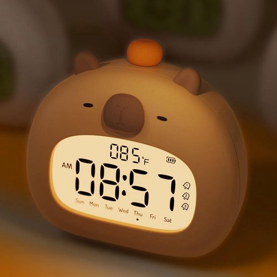 1 x Capibara-wekker voor kinderen, slaaptrainer voor kinderen om op te staan, Capibara-klok met dimlicht, A — afbeelding 5