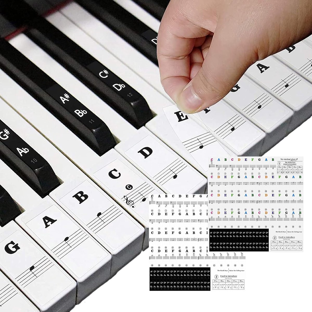 Piano Noten Stickers - Toetsenbord Hulpmiddel - Muziek Leren - Transparant Verwijderbaar - Voor 37-88 Toetsen - Zwart Kleurrijk