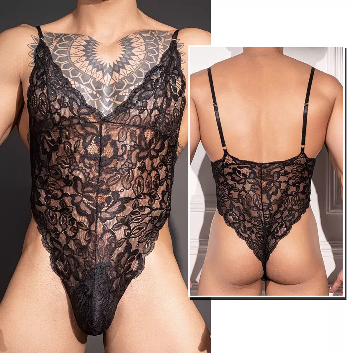 Sexy Lace Heren Bodysuit - Zwart - Nieuwe stijl - Herenshirt - Lingerie voor Mannen - Onderbroek - Ondergoed - Sexy Herenlingerie - Zeer elastisch - Erotisch en sexy - Slip - Sexy - Zacht en comfortabel