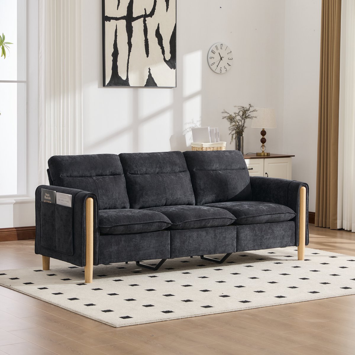 MIVRAY Hoekbank 201 Cm - Met Opberghocker En Zijvakken - Voor Woonkamer En Kleine Ruimtes - Chenille Zwart