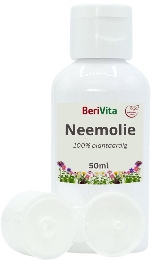 Witte fles BeriVita Neemolie van 50ml met open dop, etiket met bloemen en tekst.
