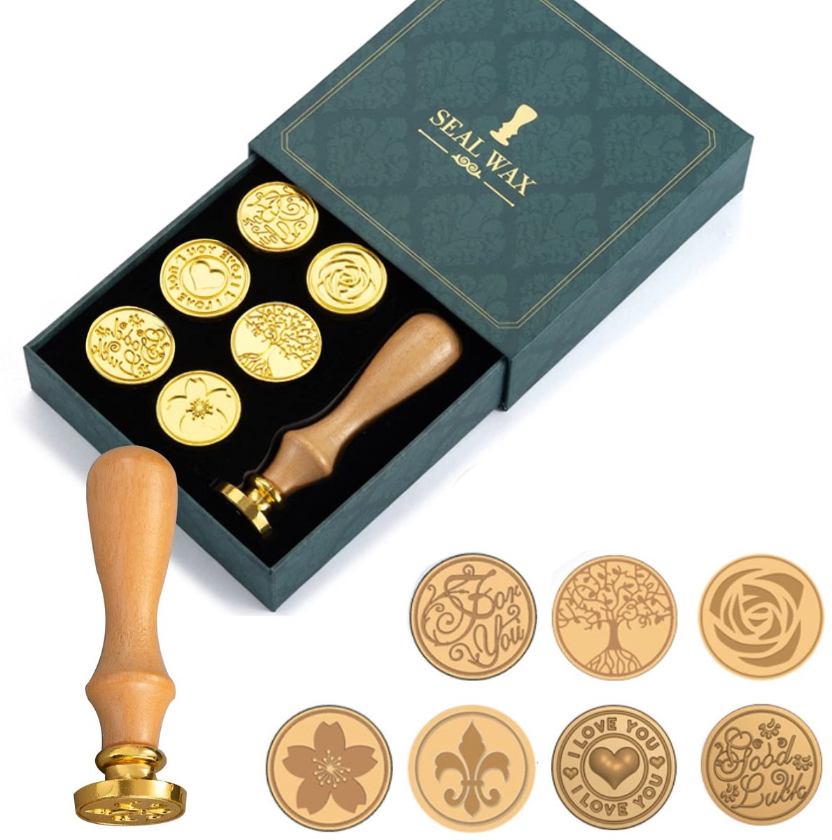 Dailygoods - Zegelwasstempelset, 7 stuks, met houten handvat, koperen stempelset voor enveloppen, bruiloft, uitnodigingen, brieven, geschenkverpakkingen, decoratie