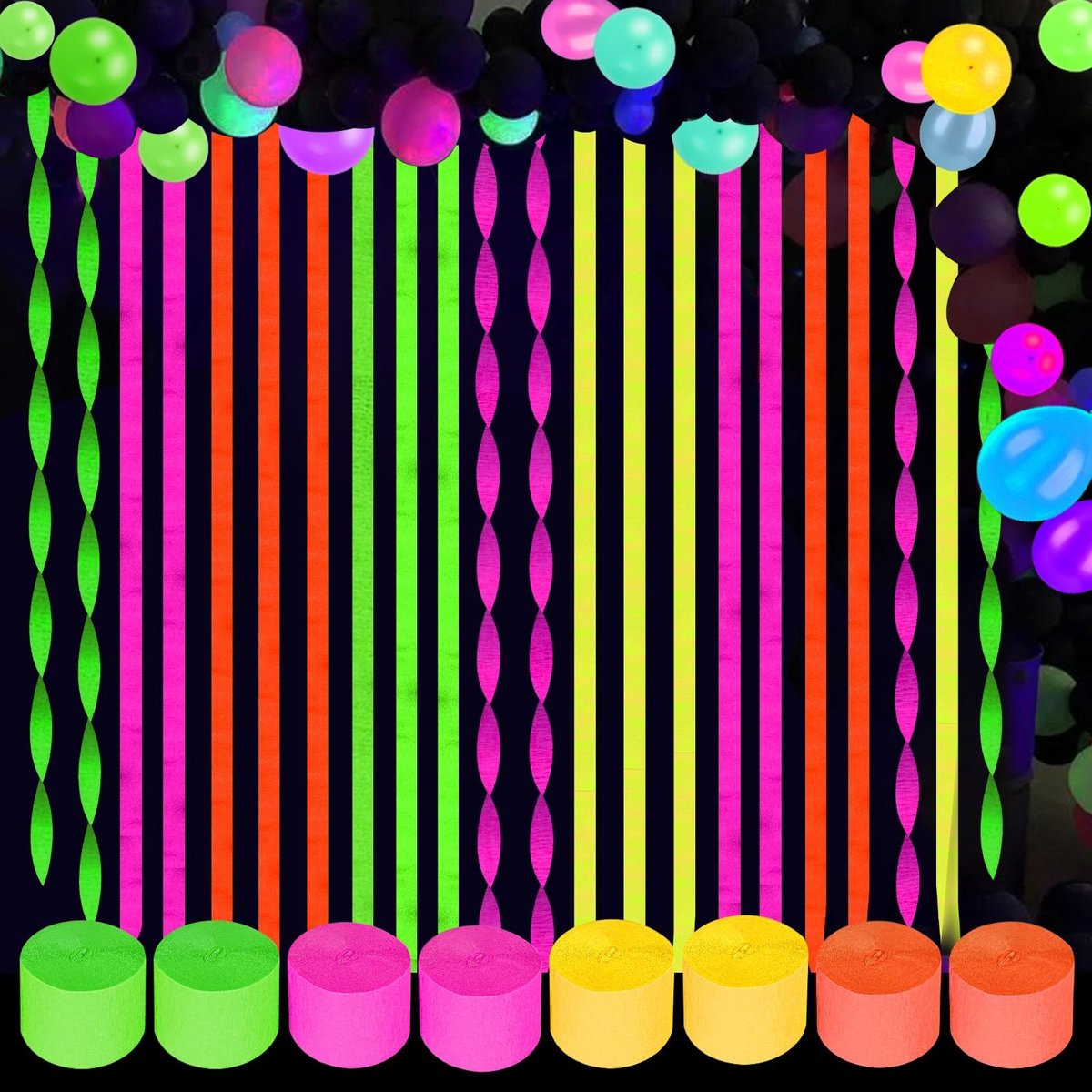 Dailygoods- Kreppapier Neon Feestdecoraties - 8 Rollen - Fluorescerend Effect - 25 Meter per Rol - 4,5 cm Breed - Geschikt voor Blacklight Feesten - Feestversiering