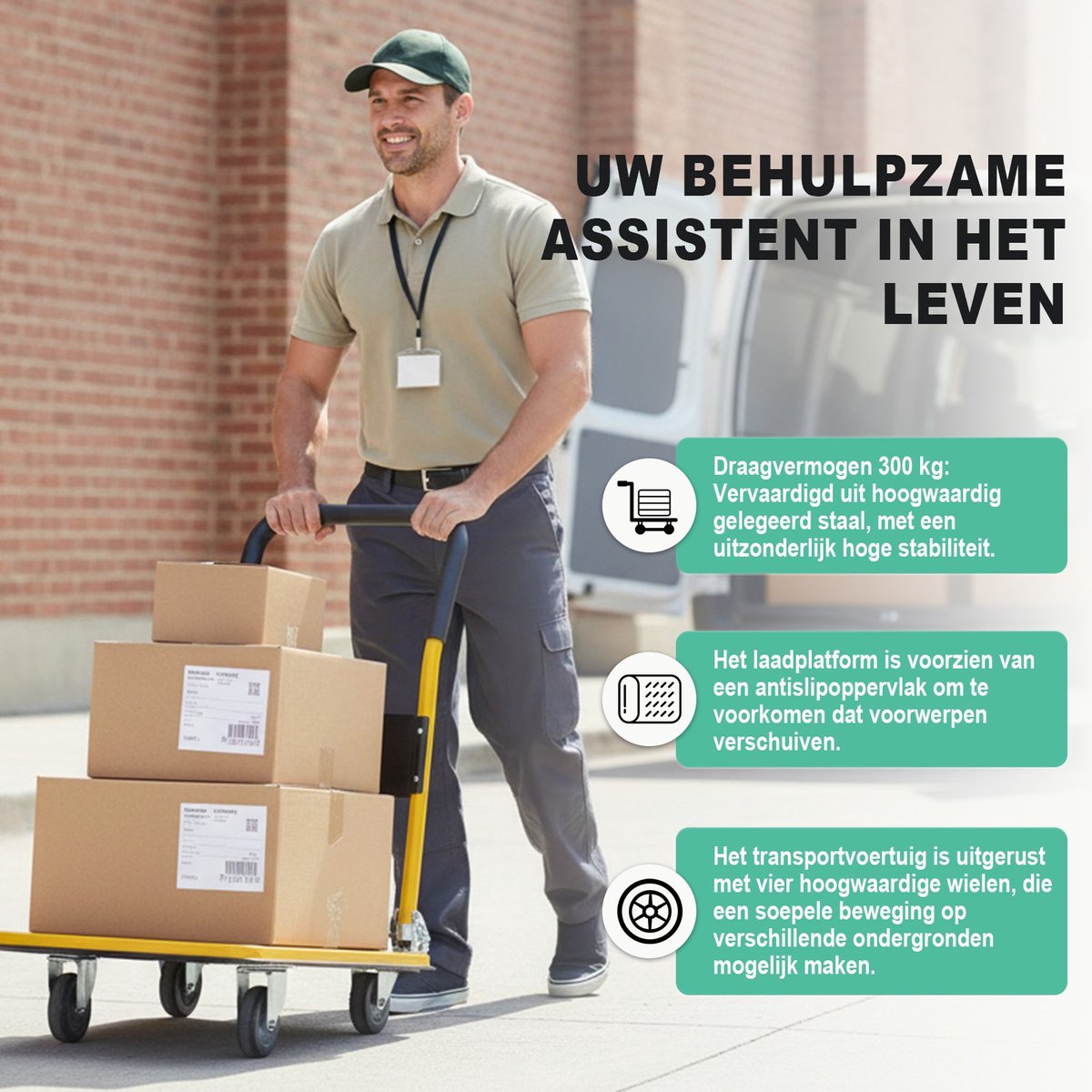 Plateauwagen 300kg - Opvouwbaar - Steekwagens & Transportwagen - 90x60cm - Heavy Duty Platformwagen Staal - Magazijnwagen met Anti-slip & Duwstang - Trolley voor Verhuizing, Garage, Bagage & Pakketten - Handwagen met 12cm Wielen – foto 5