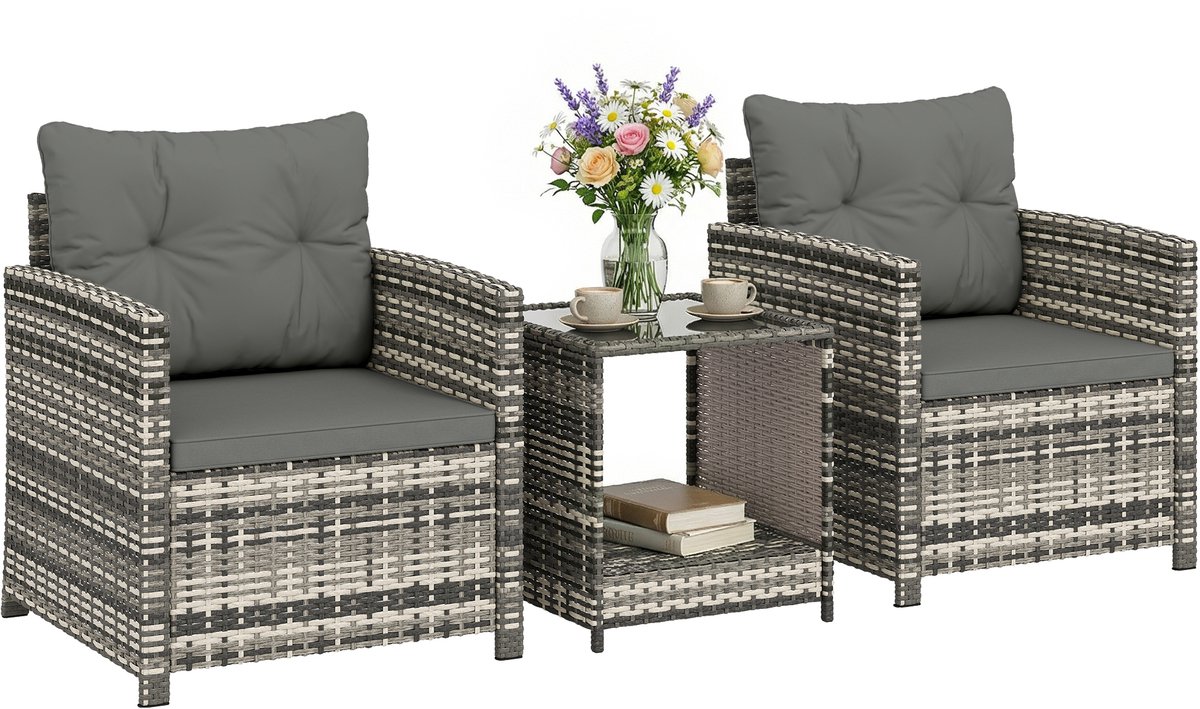 Outsunny Rattan Bistroset - Geweven hars, staal - 65 x 62 x 75 cm - Lichtgrijs