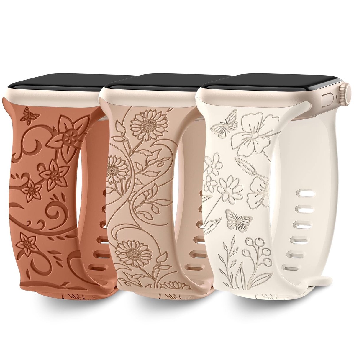 Dailygoods- Band Dames - 3-delige Siliconen Band - Bloemenmotief/Gravure - Compatibel Met Apple Watch 40mm/44mm/42mm - Geschikt Voor iWatch Series 11/10/9/8/7/6/5/4 - Perfect Voor Stijlvolle Vrouwen - Horlogeband