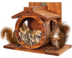Eekhoornvoeder - Houten voederbak voor chipmunks - Geschikt voor maïs en pinda's - Gemakkelijk te vullen - Open dak - Natuurlijke houtkleur