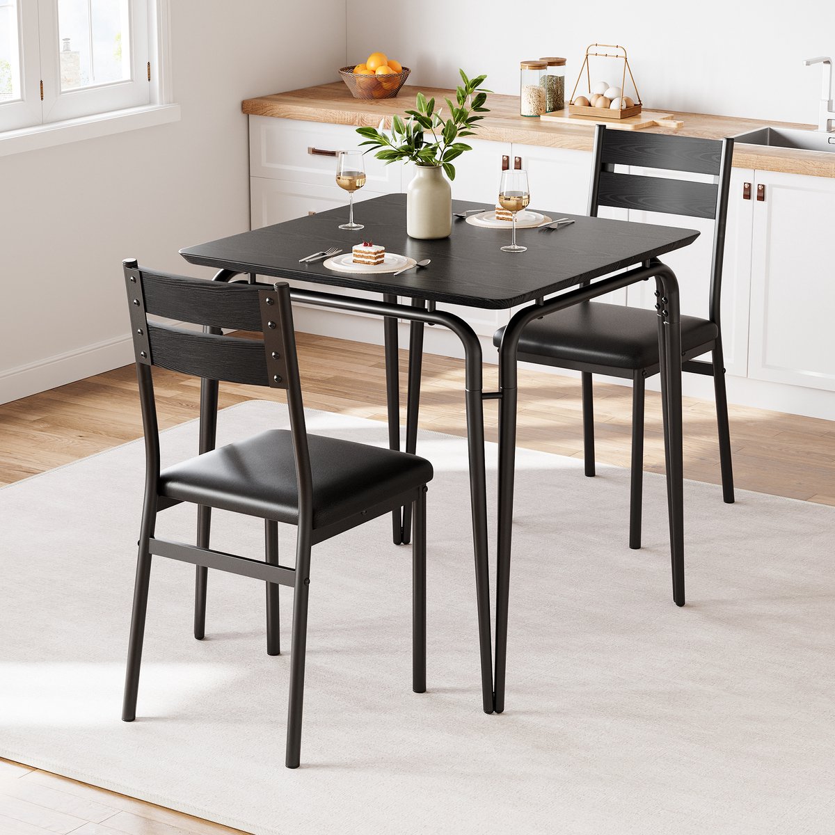 Eettafel Set 3-delig - 74x74x76cm - Keukentafel met 2 Beklede Stoelen - MDF Tafelblad - Ruimtebesparend Vintage Eettafel Set - voor Eetkamer Woonkamer of Appartement - Zwart