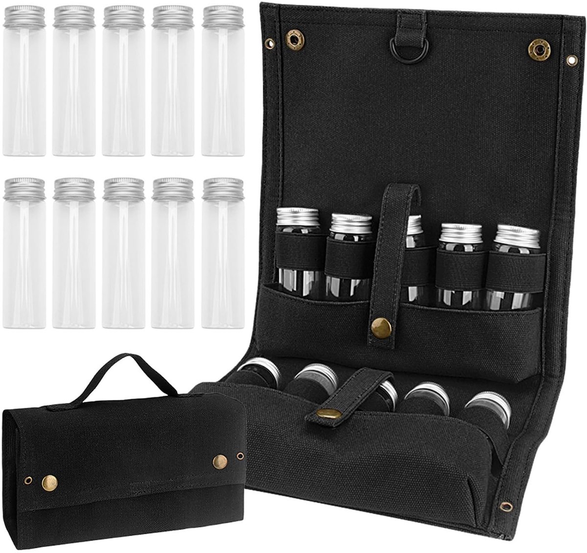 Dailygoods- Kruidenset 10-delig - Draagbare Reiskruidenset - Opvouwbare Opbergtas - Kruidenflessen - Buitenreizen - Betrouwbaar Materiaal - Specerijset