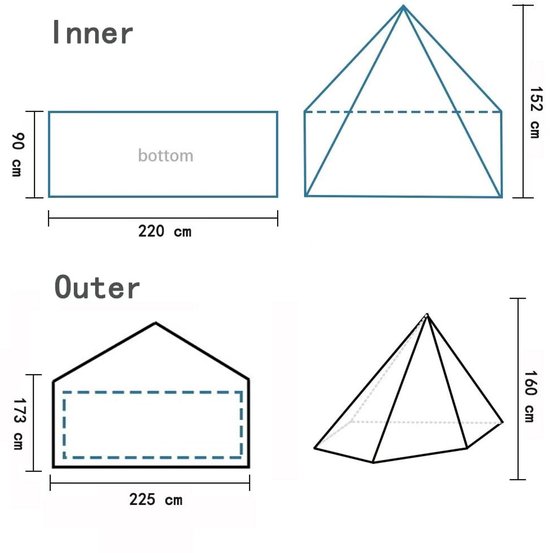 Dailygoods- Tipi Tent Ultralicht - 1 Persoon - Waterdicht 2000 mm - Binnenafmetingen 201 x 89 x 152 cm - Buitenafmetingen 200 x 172 x 157 cm - Eenvoudige montage in 5 minuten - Kampeertent — afbeelding 4