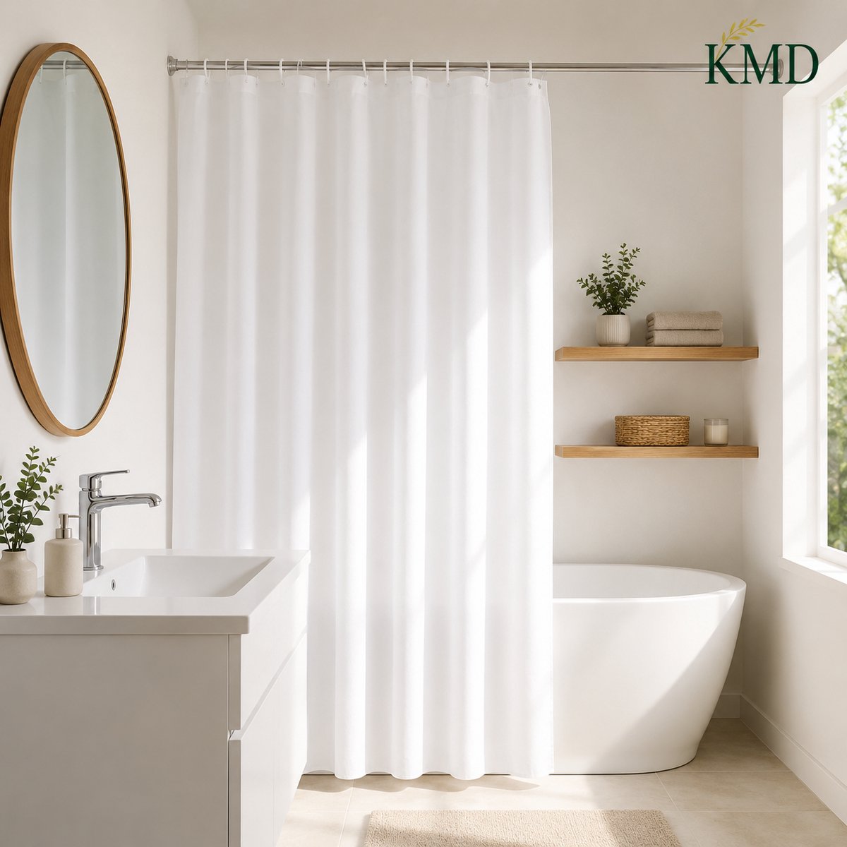 KMD Douchegordijn 180x240 cm - Wit - Anti Schimmel Polyester Stof - Waterafstotend - Machine Wasbaar met Metalen Oogjes