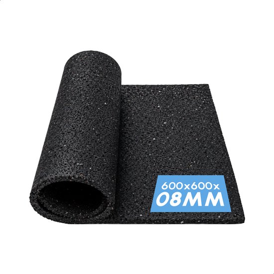 Gerolde zwarte antitrillingsmat, met de afmetingen 600x600x08MM aangegeven in een blauw vak.