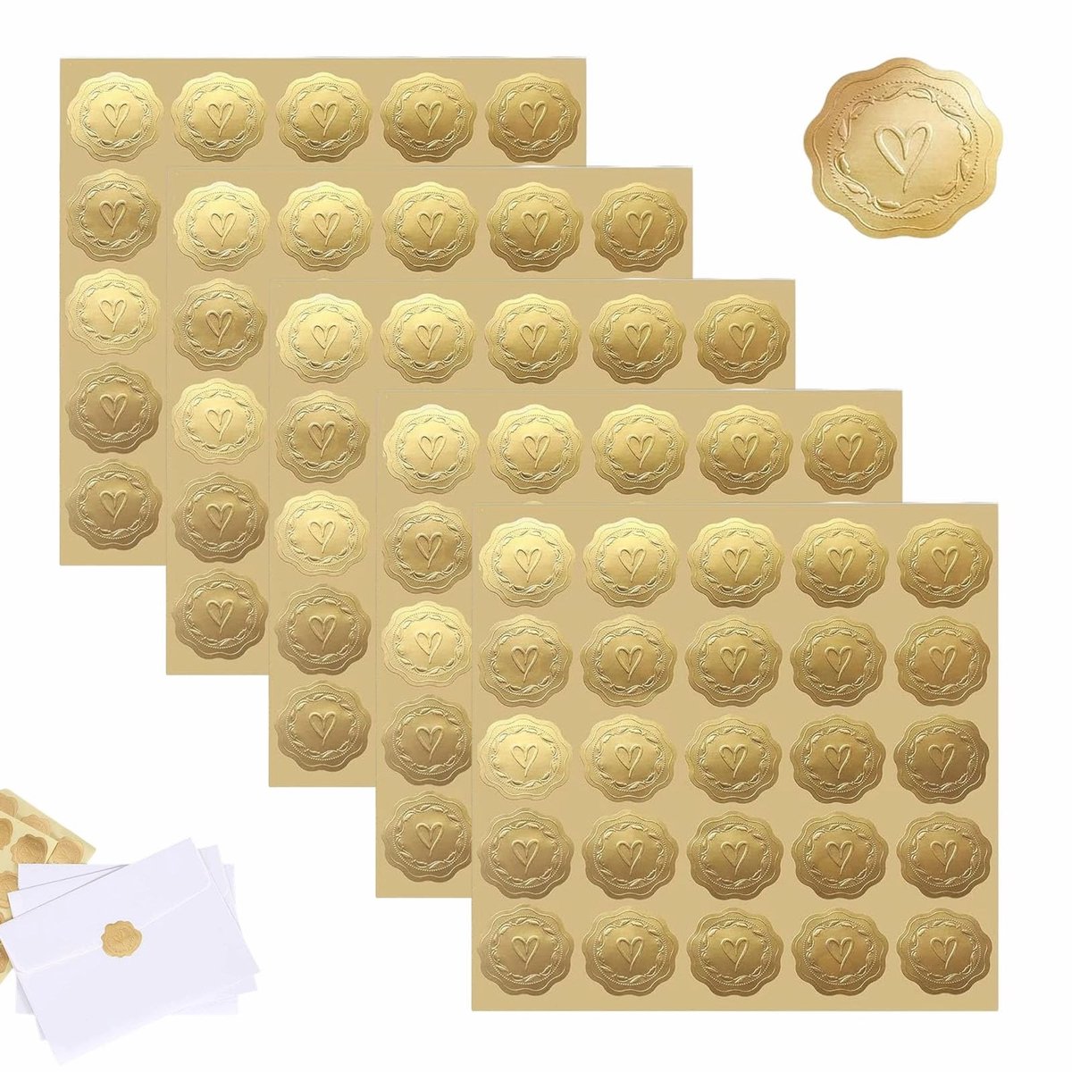 Dailygoods- Waszegels 150 Stuks - Zelfklevend - Reliëf Hart - Goudkleurig - Envelopstickers - Decoratie voor Bruiloft/Uitnodigingen