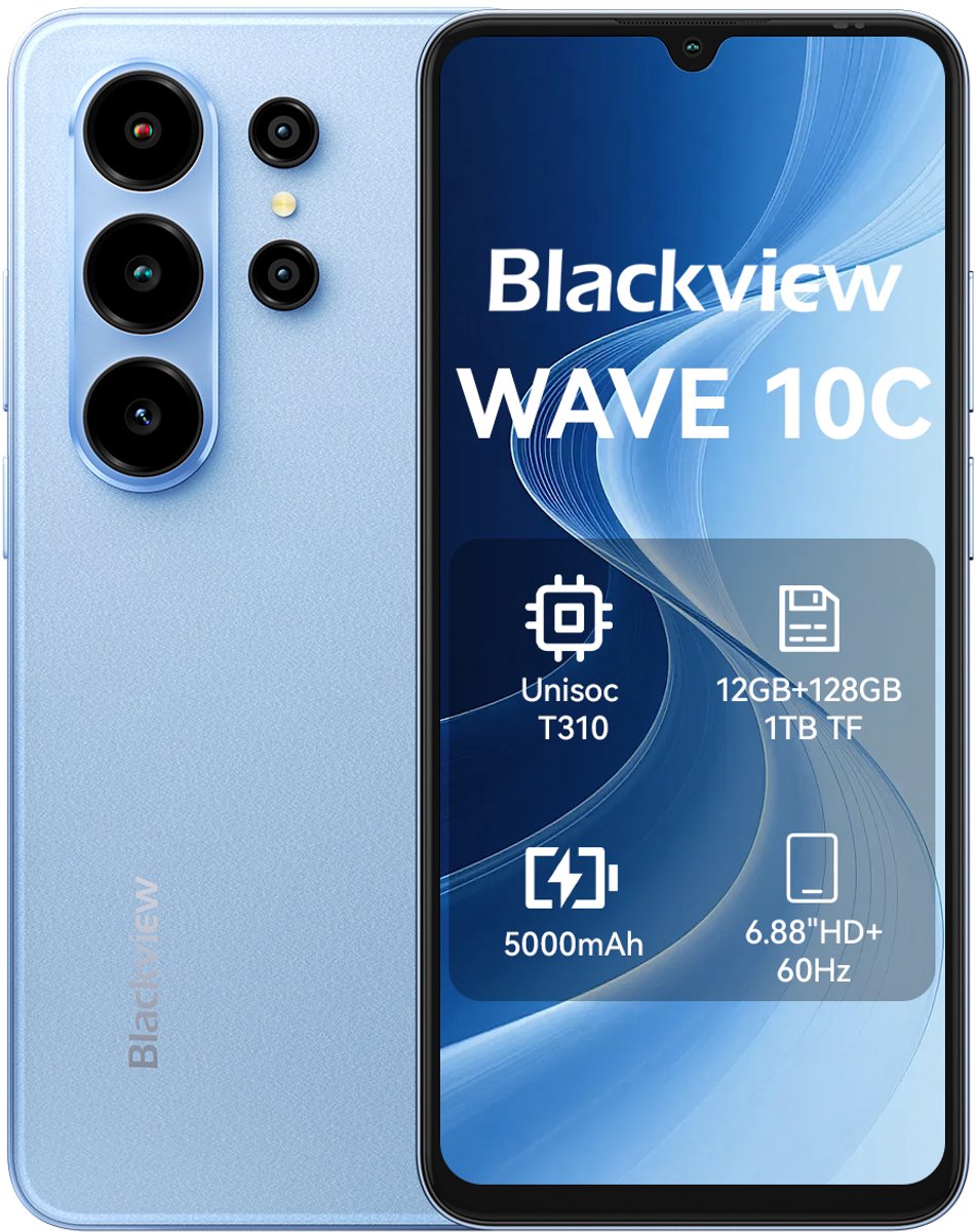 Blackview WAVE 10C Smartphone - 4G AI - DUAL SIM - 16GB RAM - 128GB ROM - Android 16 Telefoon - 6.88 inch - 5000mAh - GPS - Blauw
