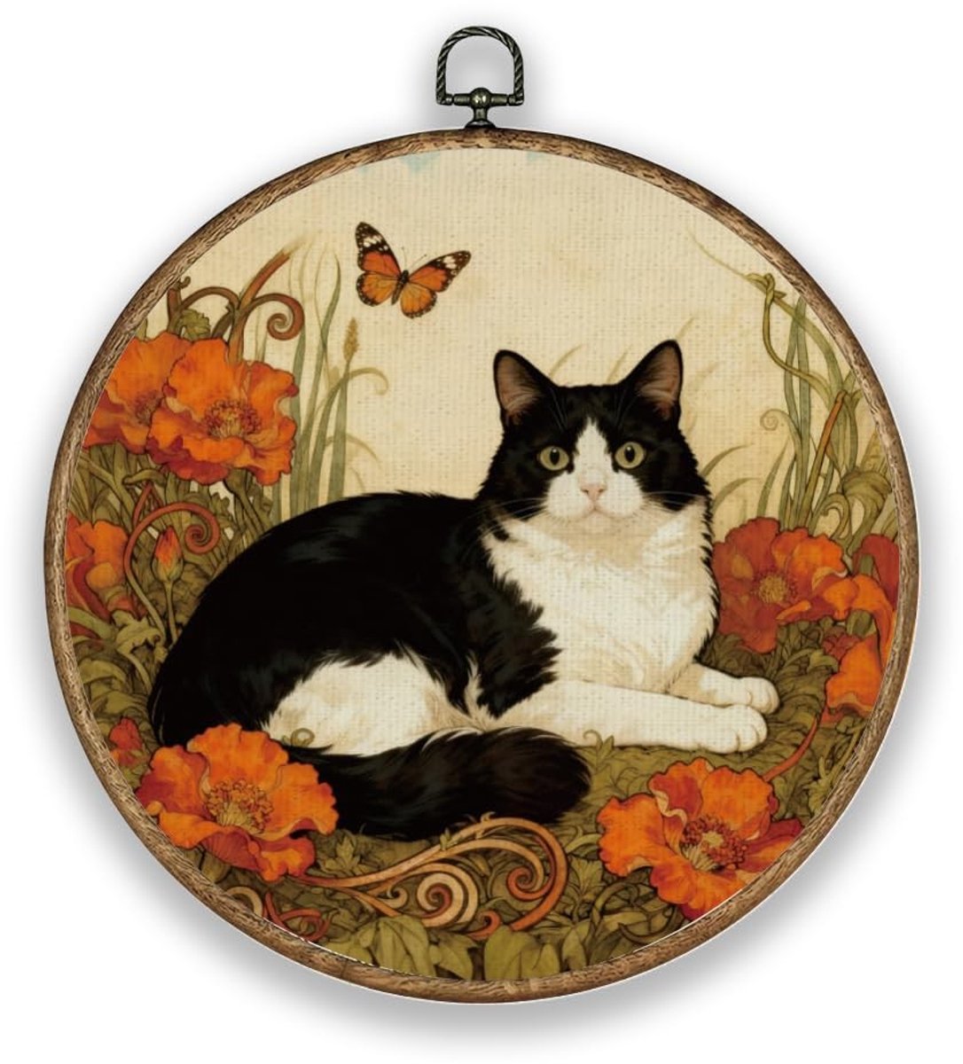 Dailygoods- Muurkunst Ronde Vorm 26 cm - Wanddecoratie Hout Natuurlijk - Wanddecoratie Metalen Frame - Wanddecoratie Tuin - Wanddecoratie Woonkamer - Uniek Ontwerp met Kattenstijl