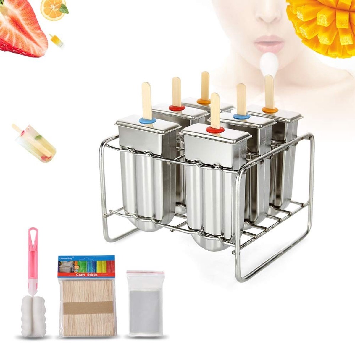 Dailygoods- IJsLollyVormen Roestvrij Staal - 6 x IJsLollyvorm - 50 x IJsstokken - 20 x IJszakjes - 1 x Roestvrijstalen Voet - Naadloos Ontwerp - Popsicle Mold
