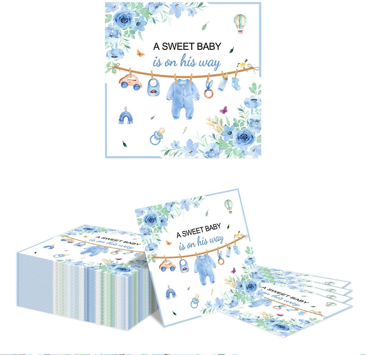 Dailygoods- Servetten Papieren 40 Stukken - Baby Shower Decoratie - Blauwe Bloemen - 16,5x16,5 cm - Gender Reveal - Schattig Ontwerp - Feestservetten