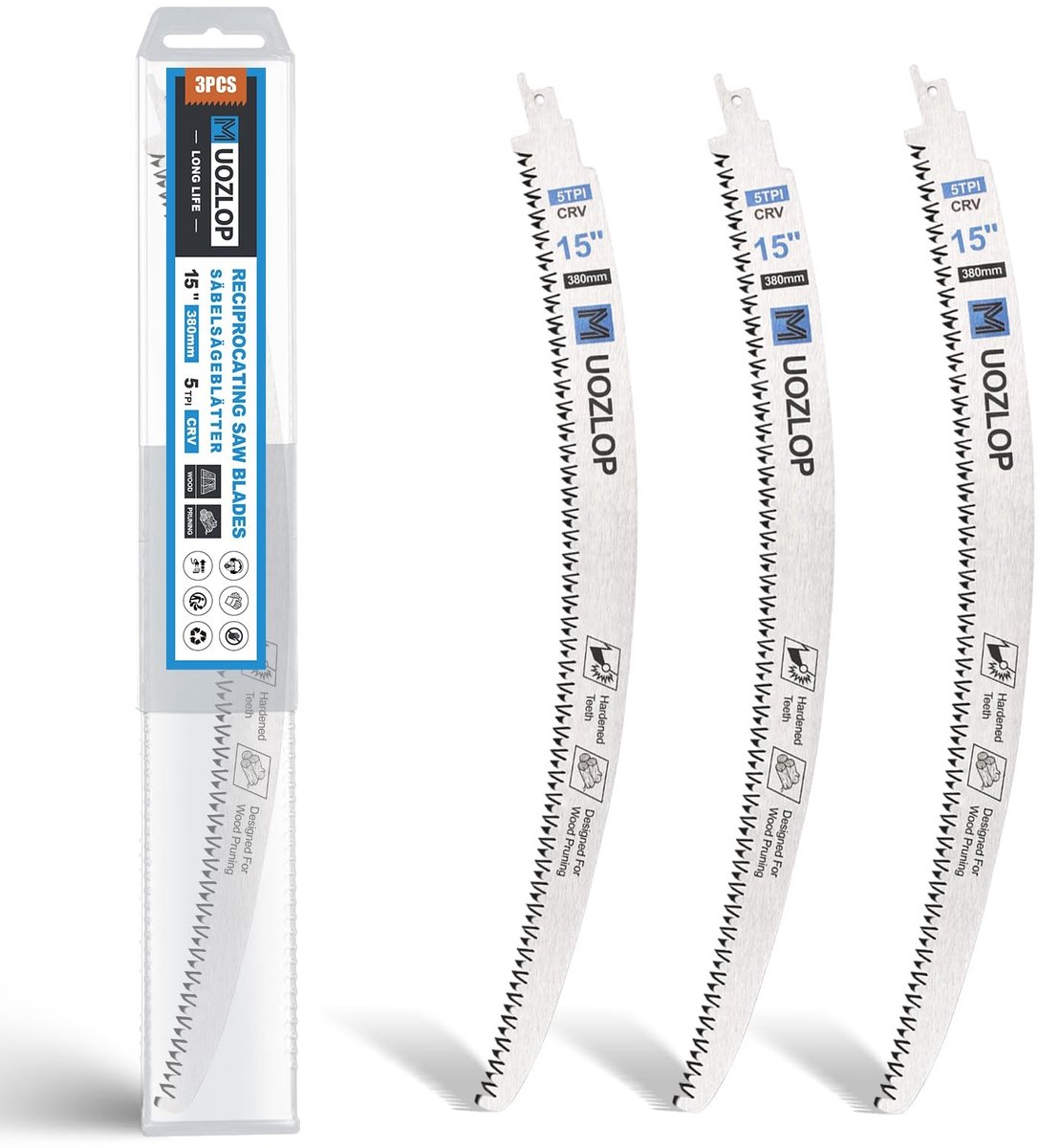 Dailygoods- Reciprocityzaagbladen 380 mm - 3-delig met Japanse tanden - 5 TPI voor hout - Schokbestendig - Verstelbare tandvorm - Krachtige doorloop - Zaagbladen