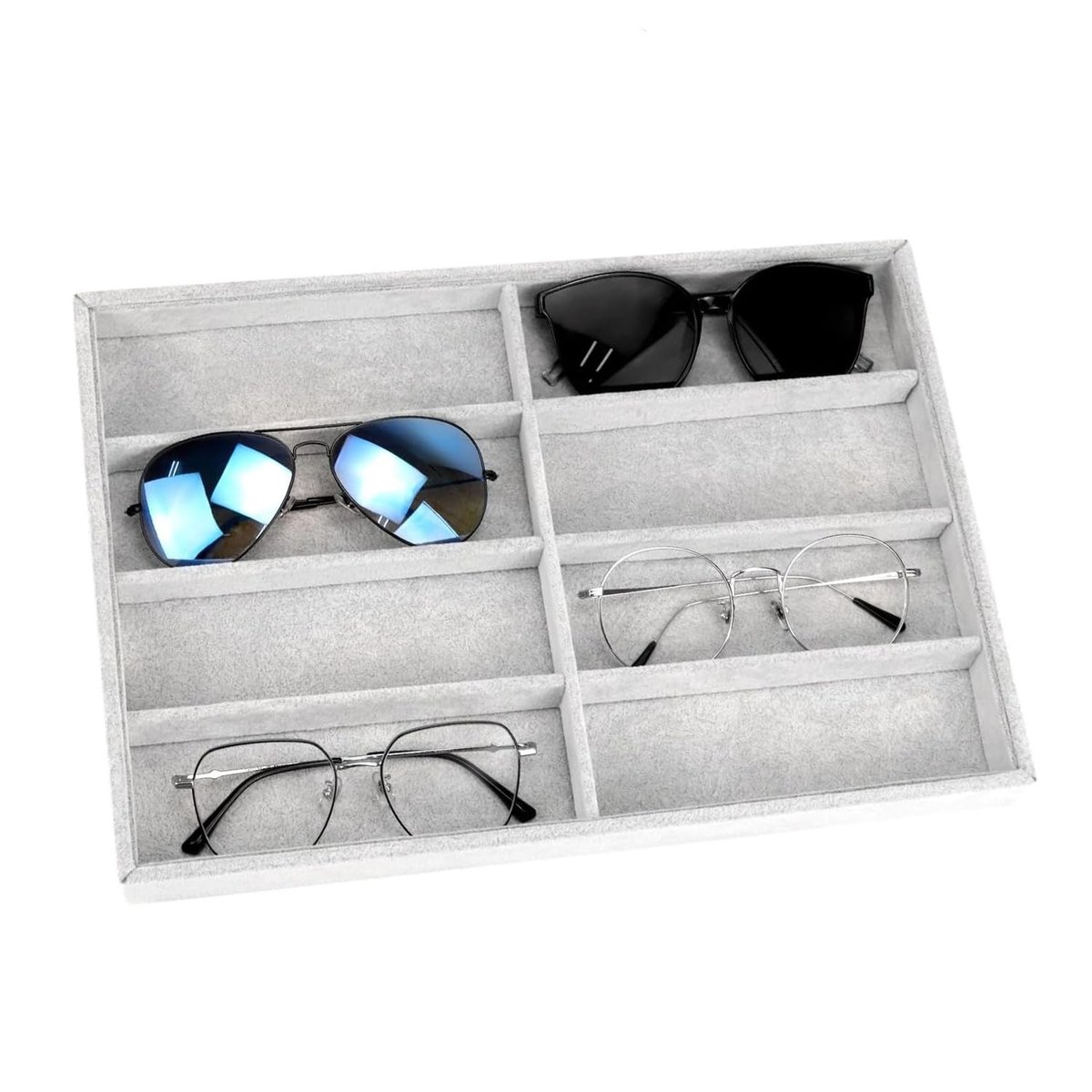 Dailygoods - Bril Organizer 8-Grid Fluwelen Sieraden Tray, Stapelbare Brillen Opbergdoos Met Afneembare Scheidingen, Display Houder Voor Zonnebrillen, Horloges & Sieraden Voor Mannen Vrouwen (Grijs)