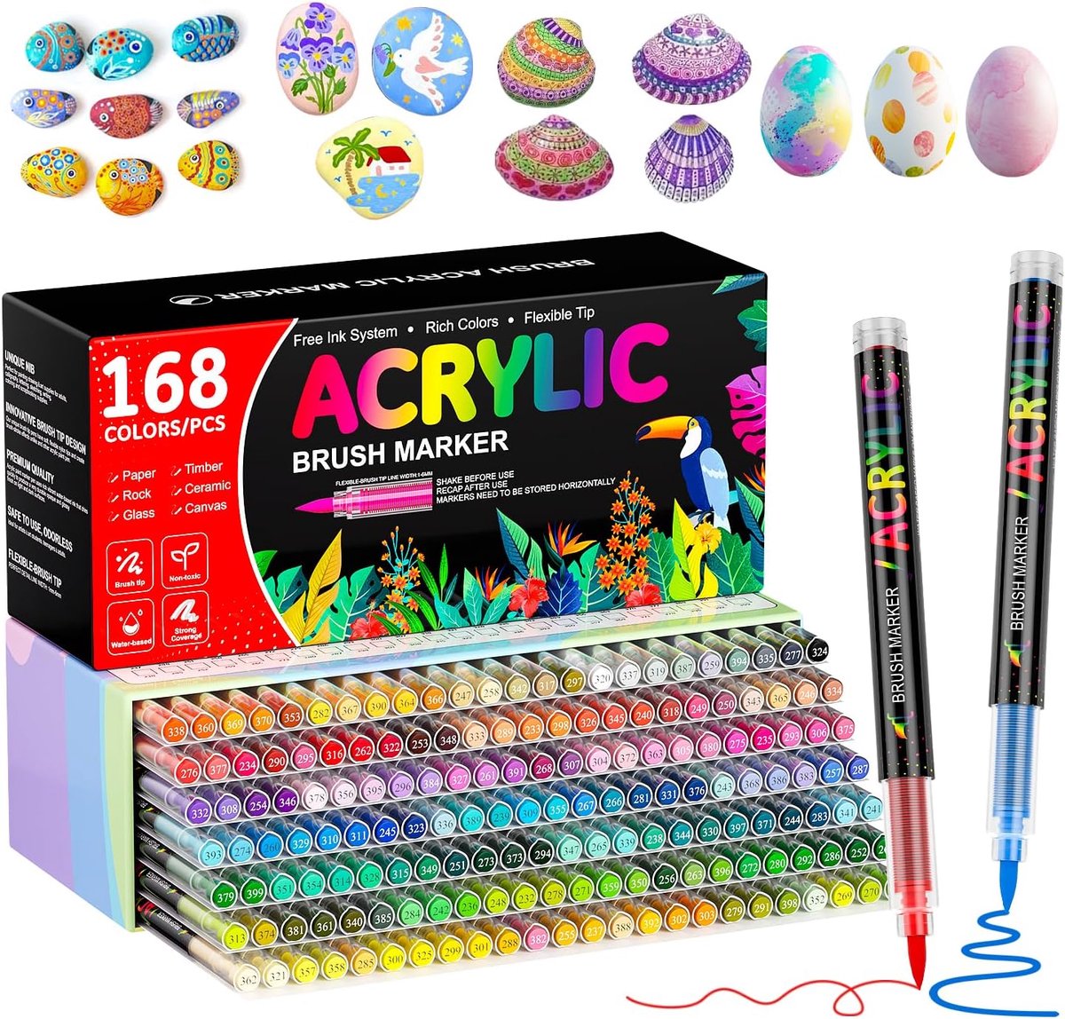 PromoHome 168-delig acryl penseelstiften set - Waterbestendige Acrylverfmarkers met flexibele punt voor Steen, Glas, Keramiek, Canvas, Papier, Hout, Metaal en Stof, Doe-Het-Zelf Cadeau