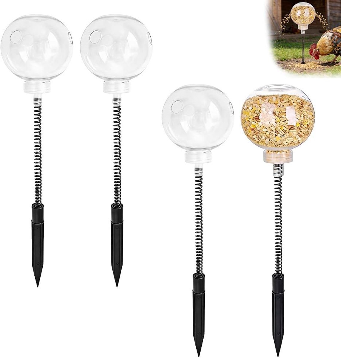 Dailygoods - Interactieve voederdispenser voor kippen, 4 kippenspeelgoed met langzame veer, voederdispenser voor gevogelte en vogels, verlicht verveling en bevordert een gezonde groei