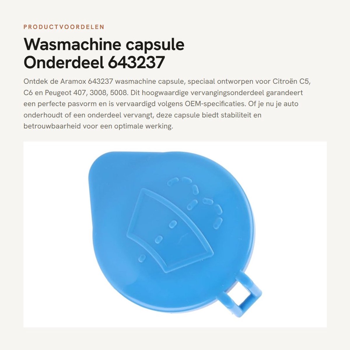 Dailygoods- Wasmachine Capsule 100% Nieuw - Vervangt OE-Nummer 643237 - Geschikt voor C6/407/3008/5008 - Kunststof - Blauw - Hoge Betrouwbaarheid - Afsluitdop