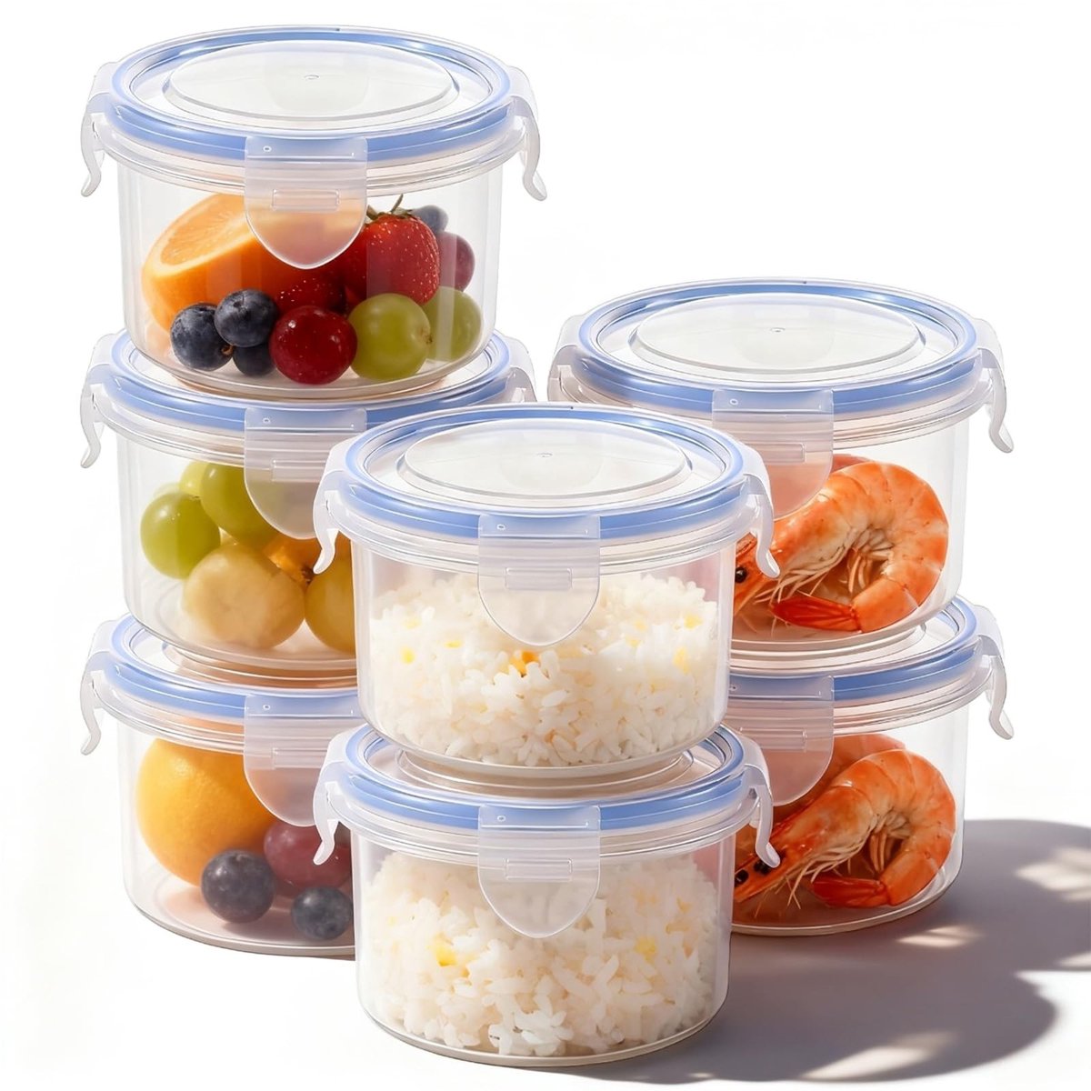 Dailygoods - 7 stuks vershouddozen met deksel, 300 ml, luchtdichte vriesdozen, set, rond, kleine vriesdozen, lekvrij, plastic kom voor koelkast, vriezer