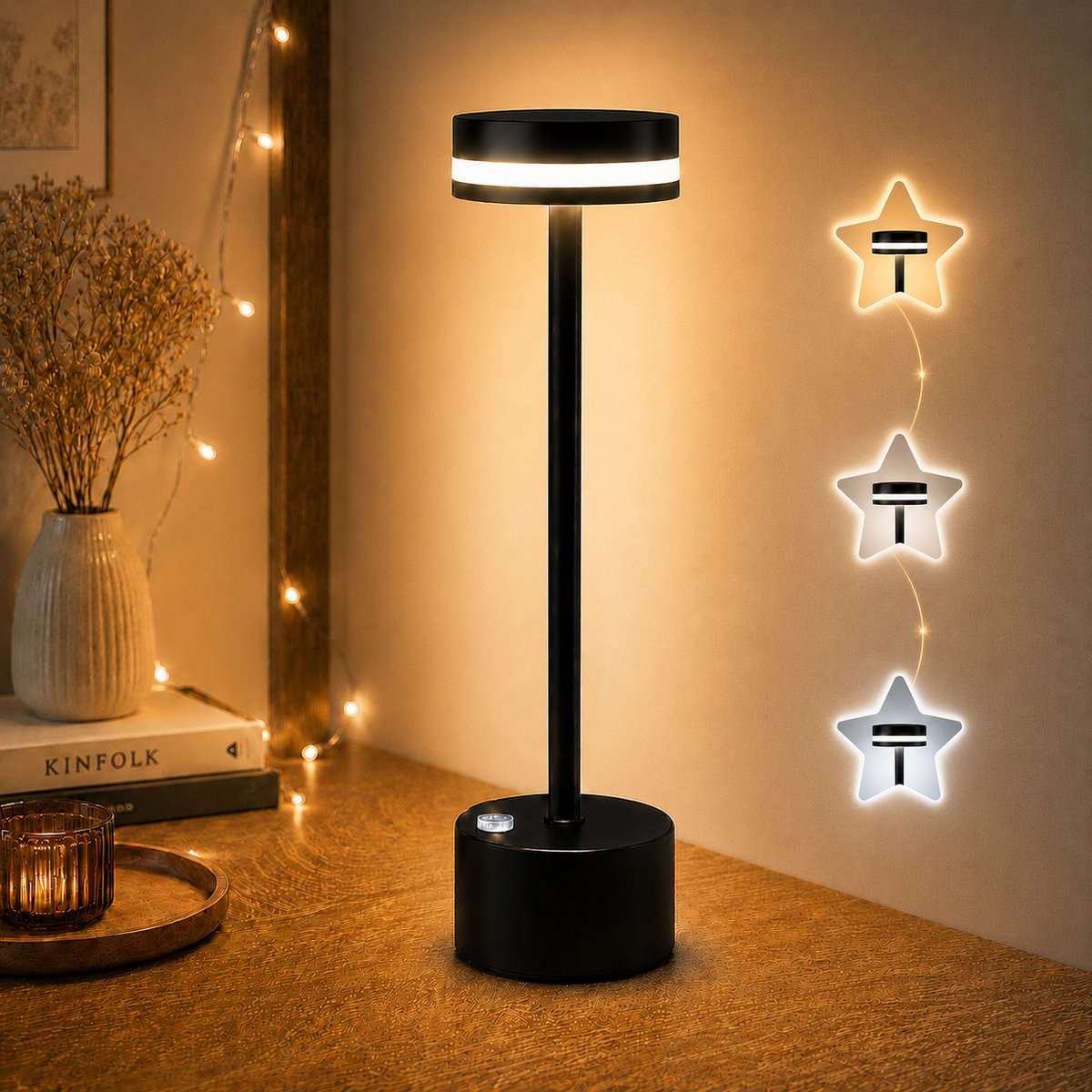 Tafellamp Oplaadbaar - 3 kleuren - Draadloos en dimbaar – Aluminium - 5200mAh - Moderne touch lamp – Nachtlamp Slaapkamer – Zwart-12cm Height