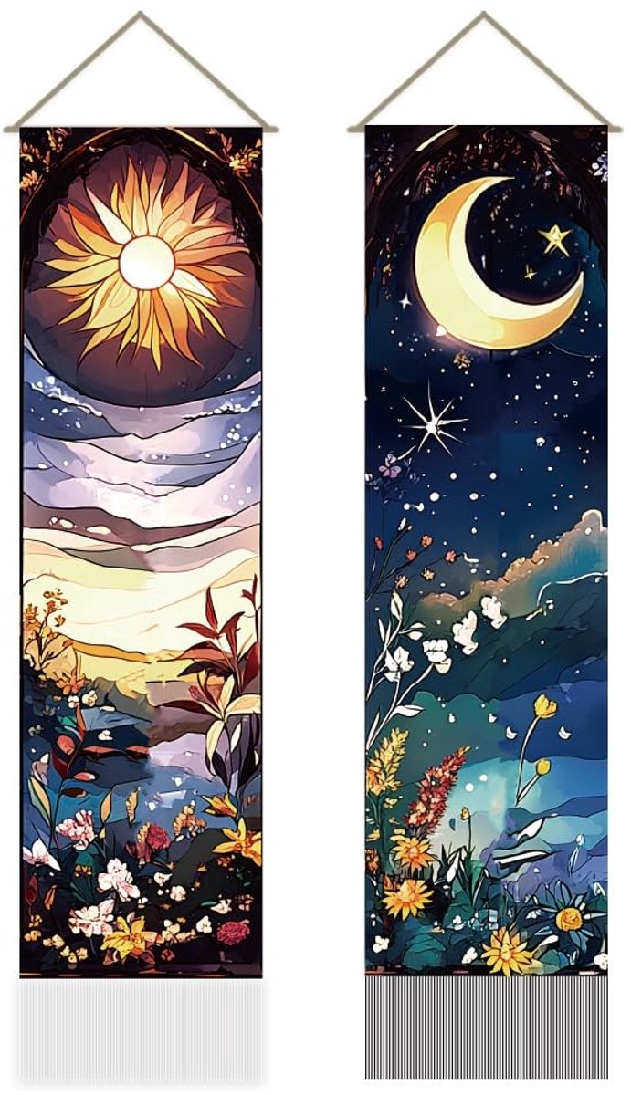 Dailygoods- Wandtapijt Mystieke Esthetiek - Wandkleed Zon/Maan - Bloemen/Gras - Verticale Muurdecoratie - Kwastjes - 111 x 30 cm - Muurtapijt