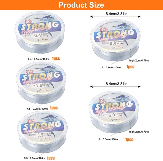 Dailygoods- Vislijn 5 Rollen 100 m Sterk Monofilament - Visdraad - Diameter 0,1/0,2/0,3/0,4/0,5 mm - Predatory Vissen - DIY Parelsieraden - Armbanden - Aangellijn van Dailygoods — afbeelding 3