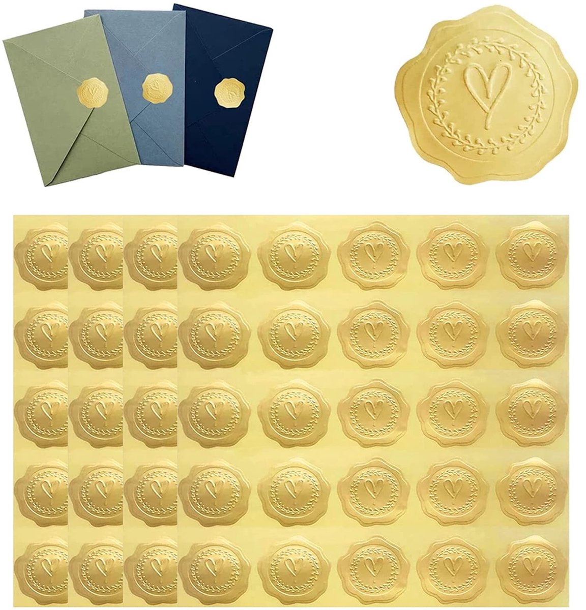 Dailygoods- Waszegels 100 Stuks - Zelfklevende Stickers - Huwelijksstickers - Gegraveerde Hartstickers - Gouden Waszegels - Envelopstickers - Sticker