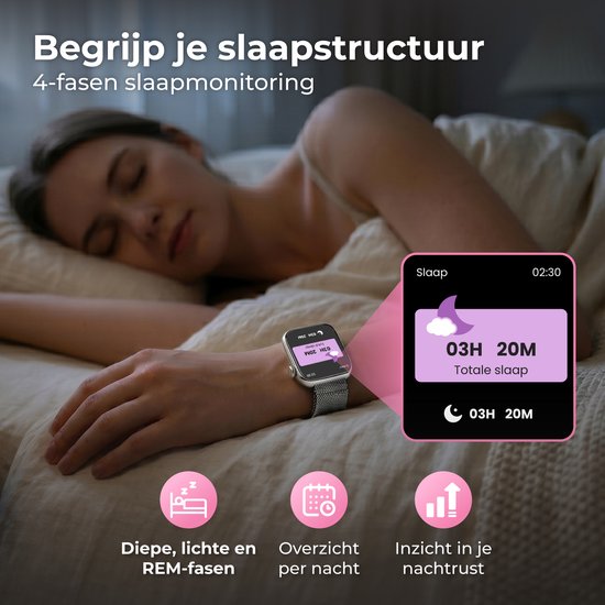 Nuvance Smartwatch Dames - Smartwatch Heren - Stappenteller Horloge Dames - Hartslagmeter - Sporthorloge - Geschikt voor iOS/Android - Incl. 5 Bandjes - Zilver