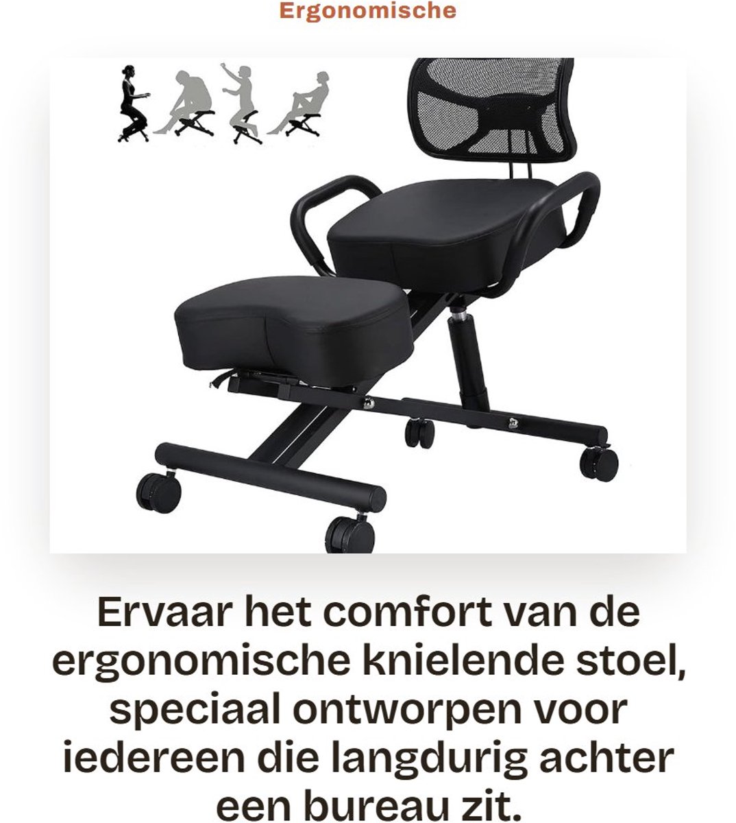 Dailygoods- Knielende Stoel Ergonomisch - Verstelbare Hoogte/Hoek - Lederen Kussen - Mesh Rugleuning - Stalen Frame - Ademend Comfort - Houdingstoel