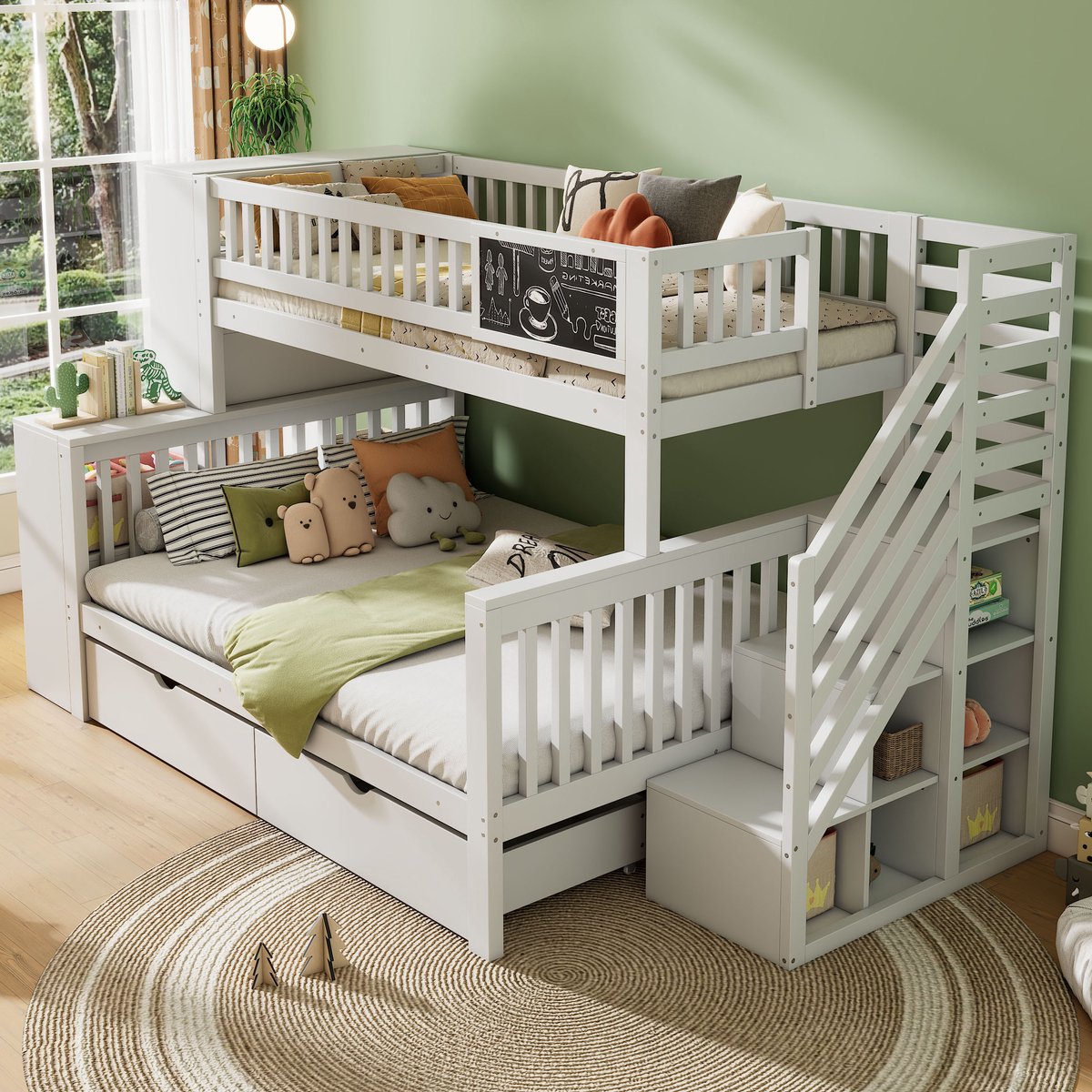 MEUNIQ stapelbed kinderbed 90x200 en 140x200 cm met trap, opbergkasten, lades en krijtbord