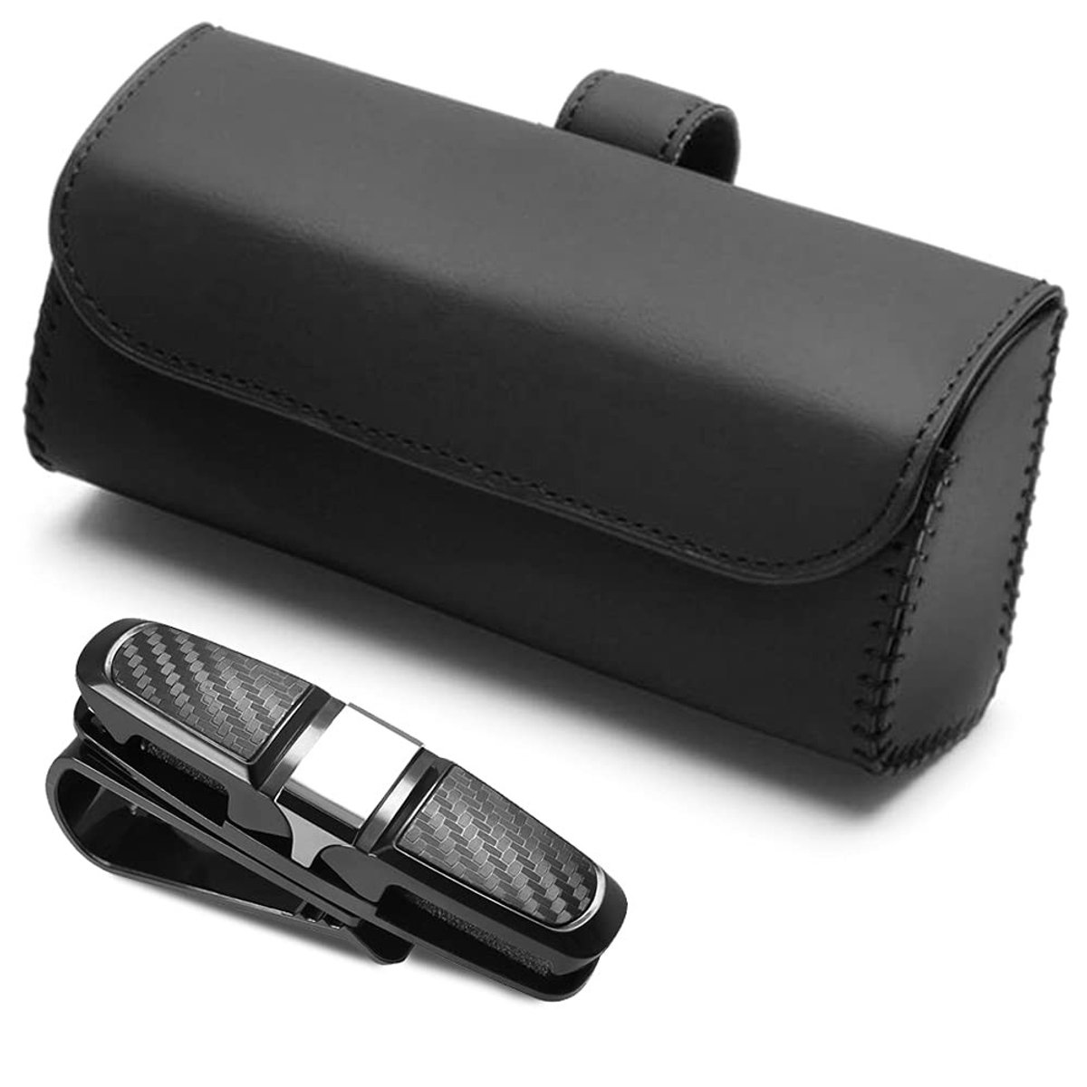 Dailygoods- Brillenhouder met lederen opberghoes - Brillenkoker - Zonnebrilhouder - Compatibel met alle automodellen - Zwart - Hoogwaardige PU-leer - Brilhouder