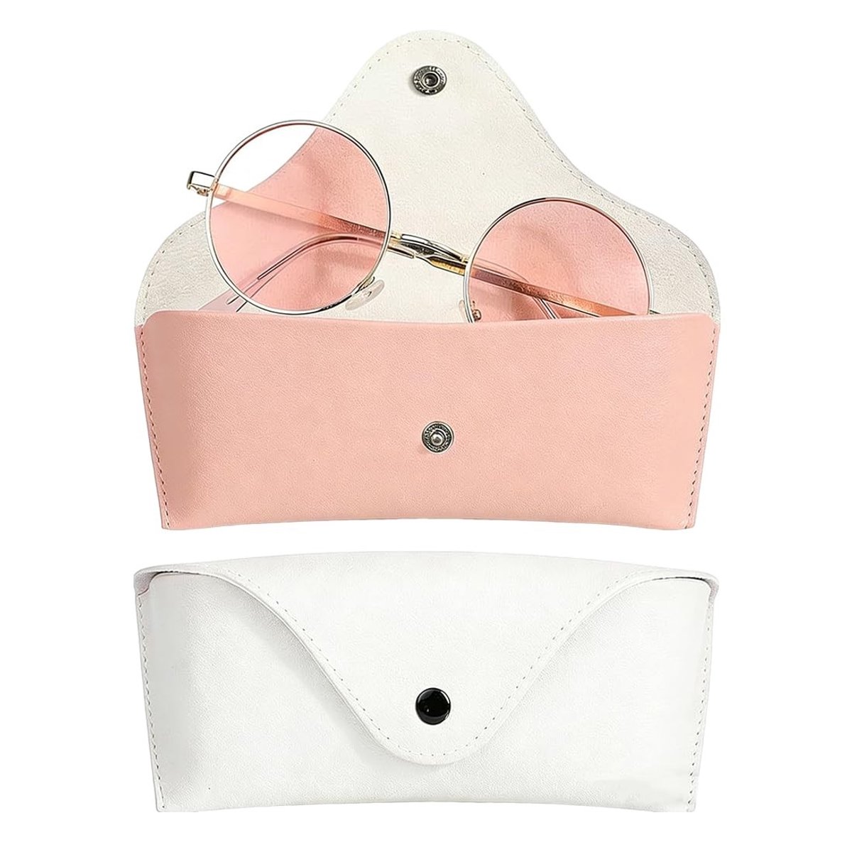 Dailygoods - 2 stuks brillenkokers van zacht PU-leer, draagbaar etui met knoopsluiting, voor brillen en zonnebrillen (wit + roze)