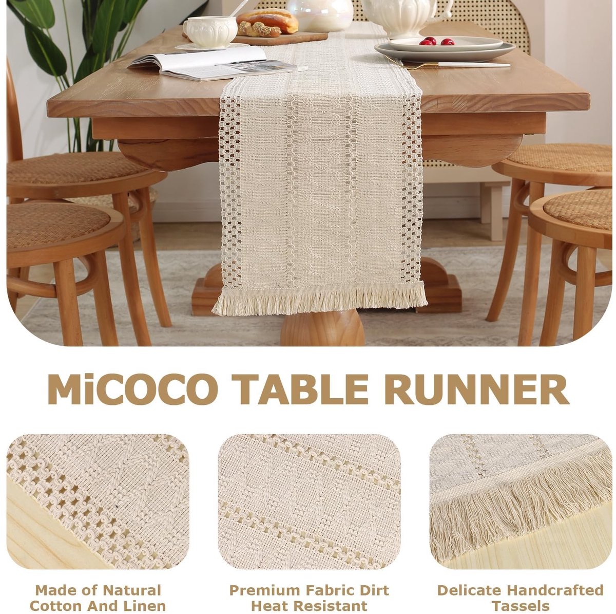Dailygoods - All White Boho tafelloper met kwastjes, 180 x 30 cm, geweven kaasdoek voor decoratie in Boheemse stijl, dagelijks thuis eten, bruiloftsfeesten (geheel wit, 180 x 30 cm)