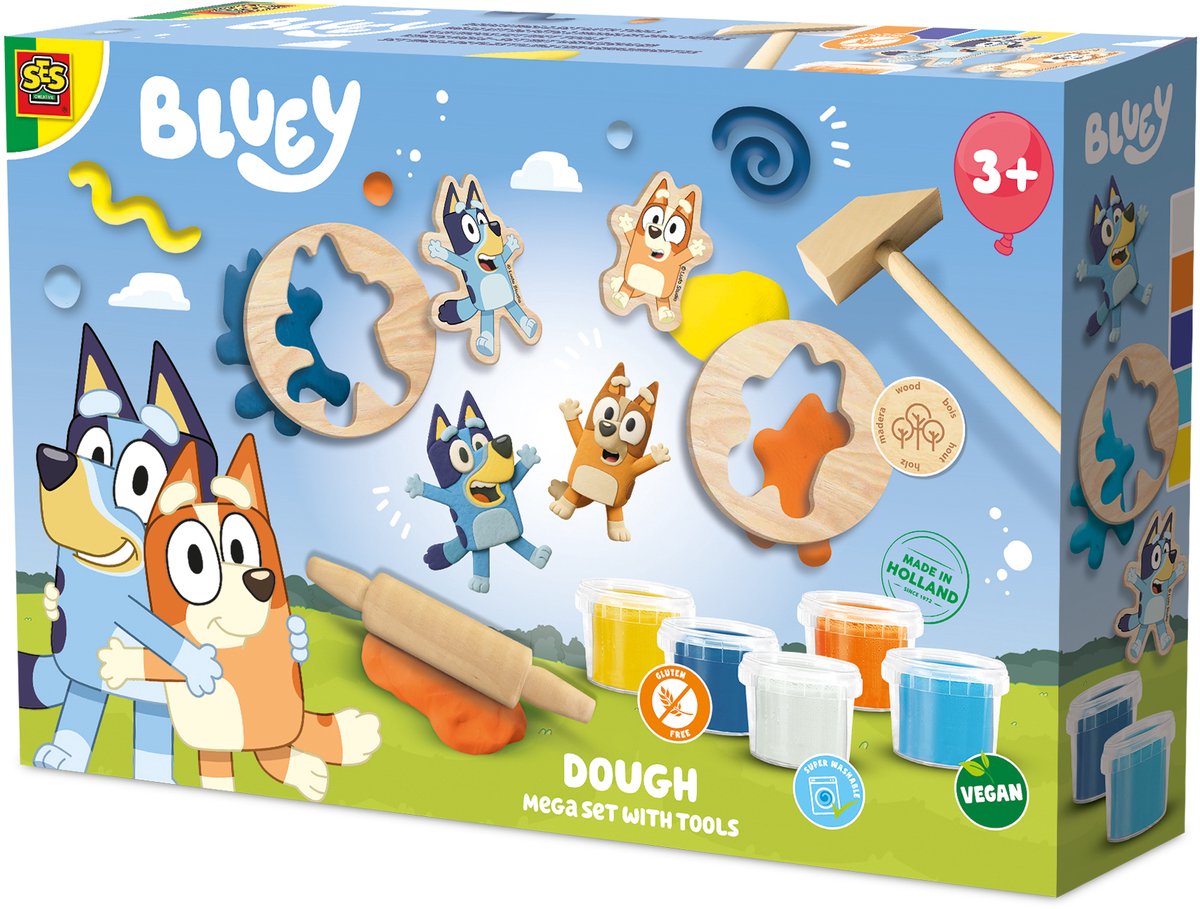 SES Creative Bluey - Klei mega set 5 x 90 g met tools - Knutselen - Glutenvrij - Herbruikbaar - Voor Kinderen Vanaf 3 Jaar - 5 Kleuren - 5 x Klei