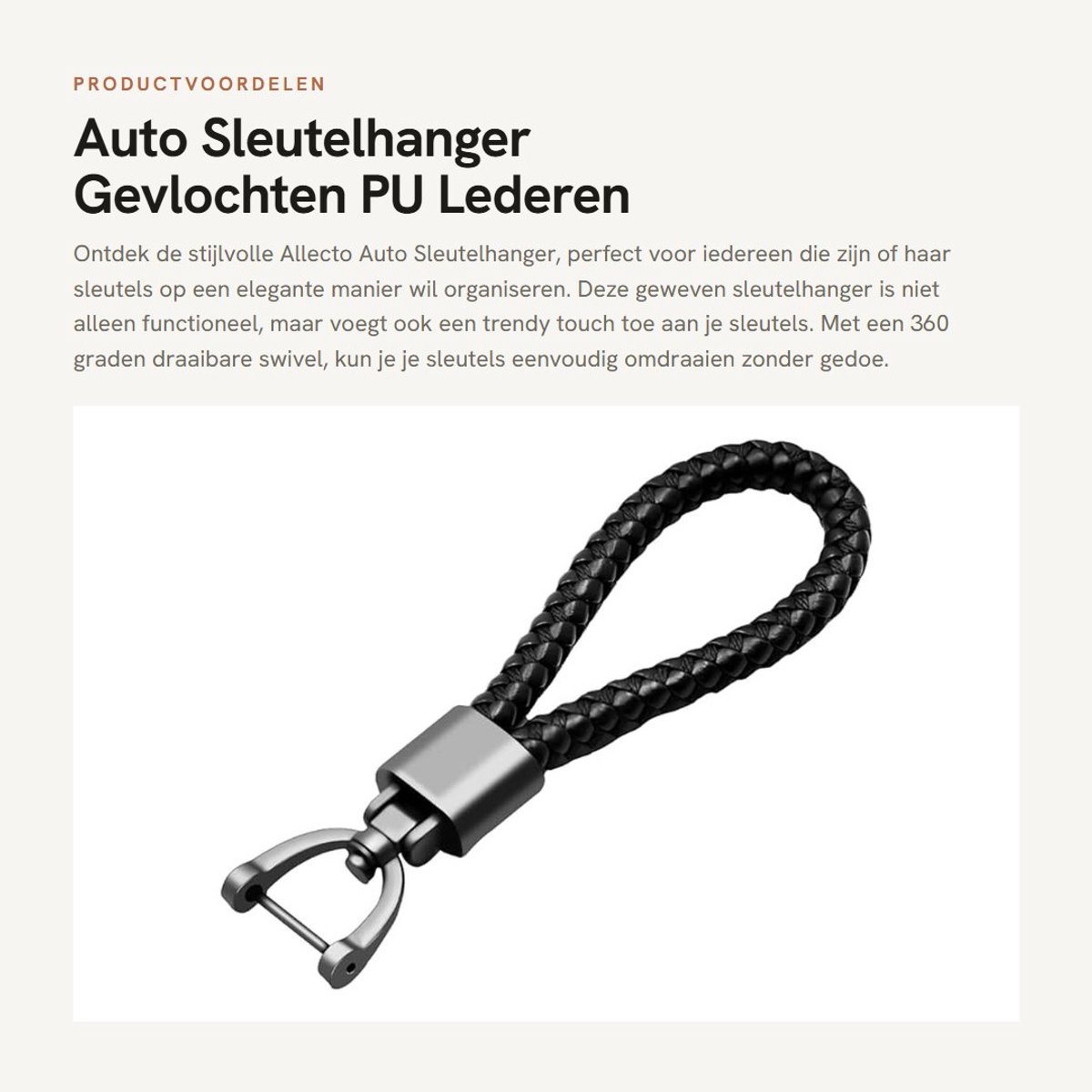 Dailygoods- Sleutelhanger Gevlochten PU Lederen Band - Autosleutelhanger - Antidiefstal - 360 Graden Draaibaar - 11,5 x 2,5 cm - 100g - Autosleutel