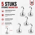 Set van 5 zilverkleurige, sterke magnetische haken met haak, 20 mm breed, 37,4 mm hoog.