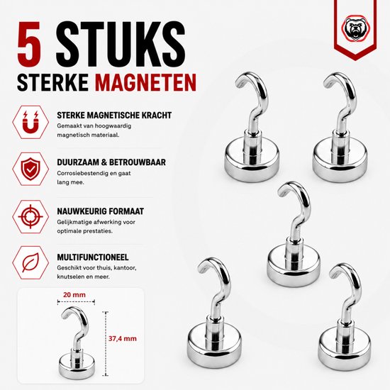 Set van 5 zilverkleurige, sterke magnetische haken met haak, 20 mm breed, 37,4 mm hoog.