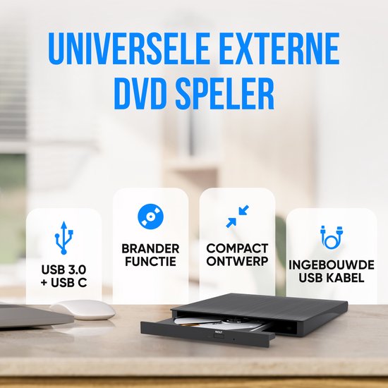 Un lecteur DVD externe noir avec le tiroir ouvert, à côté d'un ordinateur portable, avec des icônes pour USB 3.0, fonction graveur, conception compacte et câble intégré.