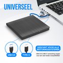 Un lecteur DVD externe noir en métal brossé, connecté à un ordinateur portable via USB 3.0 et Type-C.