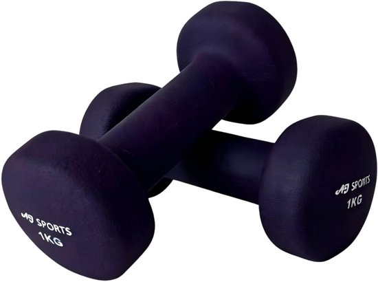 Twee paarse dumbbells van 1kg, gekruist over elkaar.